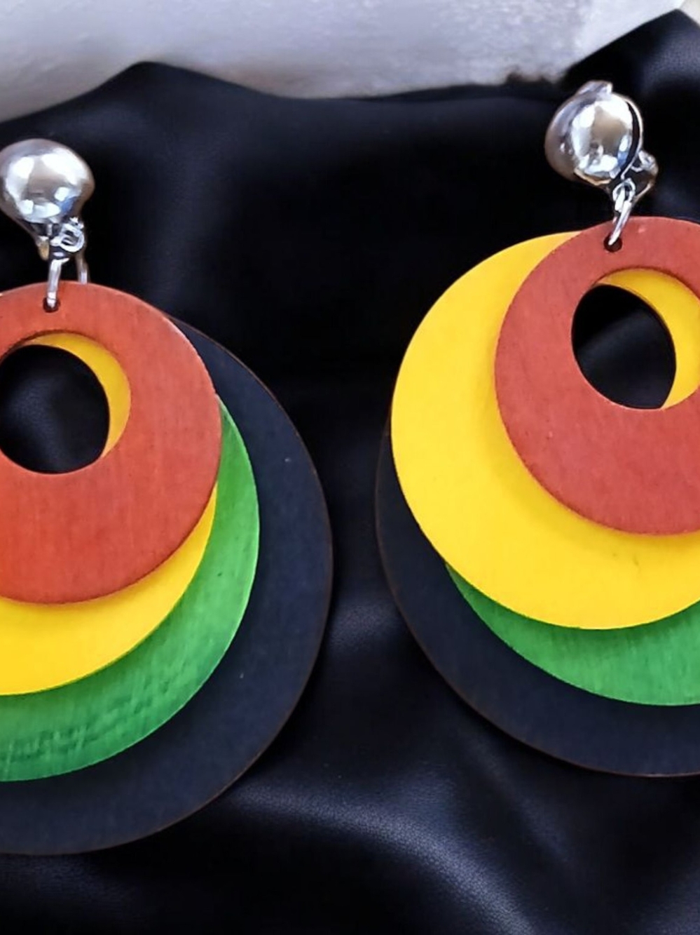 Clip On Multicolor Layered Wooden Hoop Earrings - Yellow, Green, Red, Black